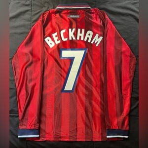 David Beckham #7 England Longsleeve Large 1998 Away Red Jersey Retro